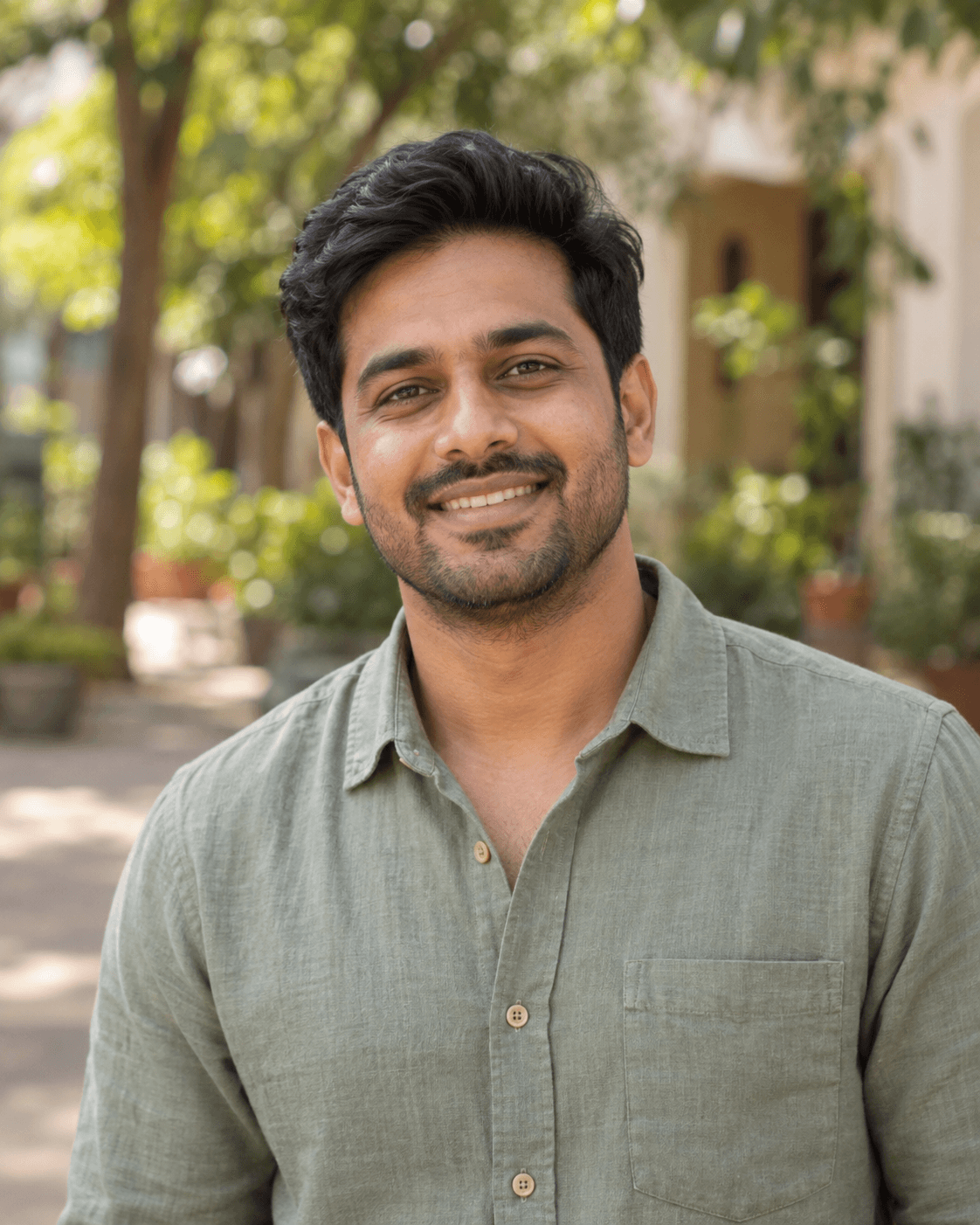 Illustrative portrait of an Indian man in a sage shirt
