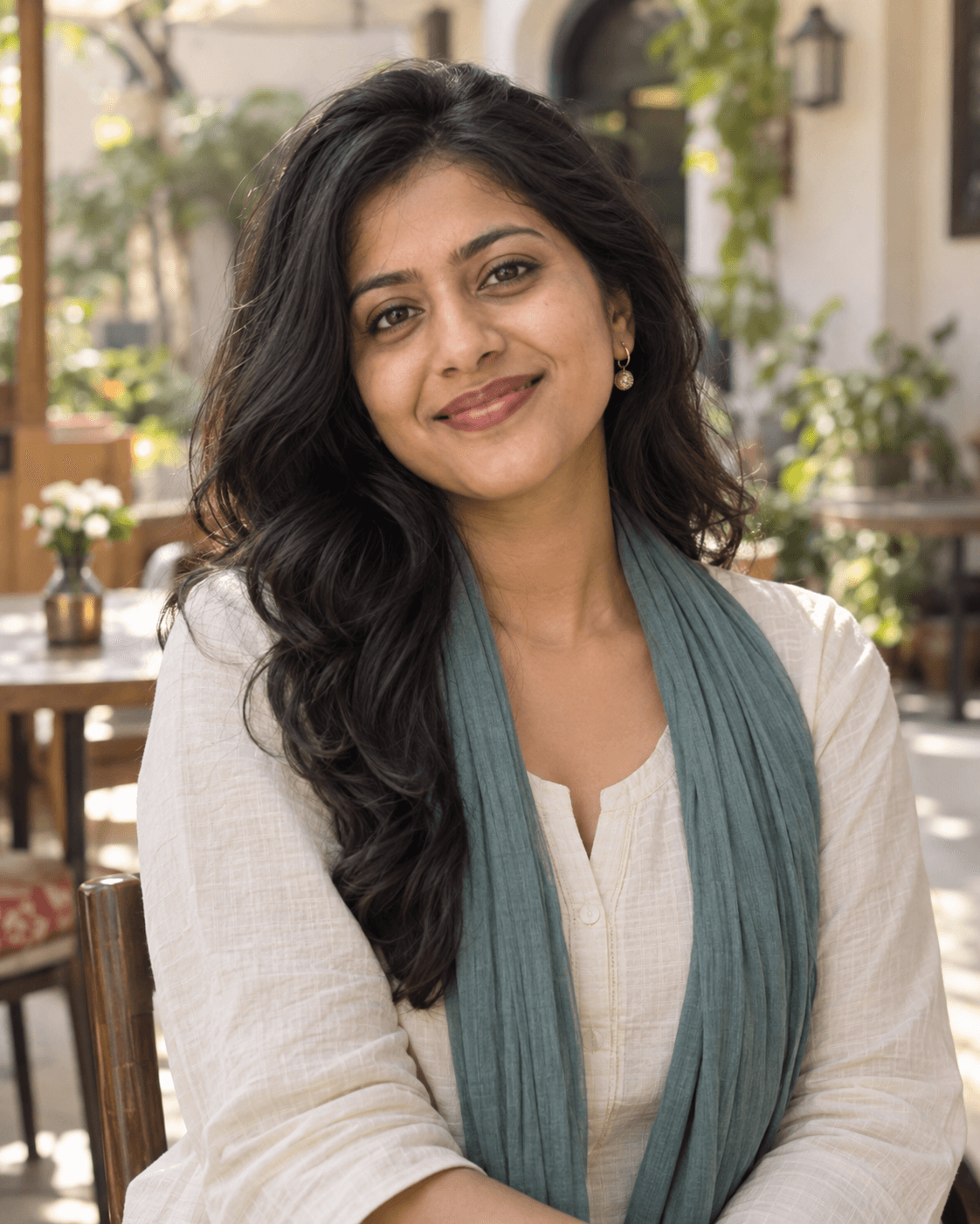 Illustrative portrait of an Indian woman in a teal scarf